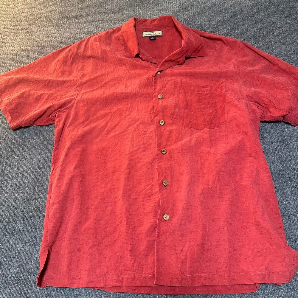 Tommy Bahama Mens XL Silk Short‎ Sleeve Button Down Shirt Red Jacquard Floral